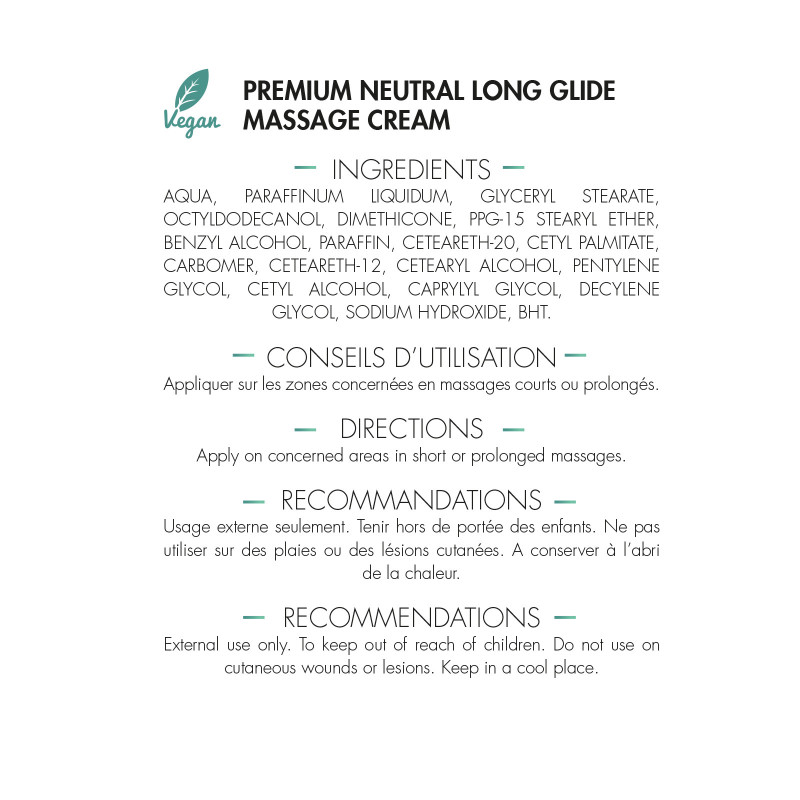 Crème de Massage Neutre Premium Longue Glisse liste d'ingrédients et conseils d'utilisation