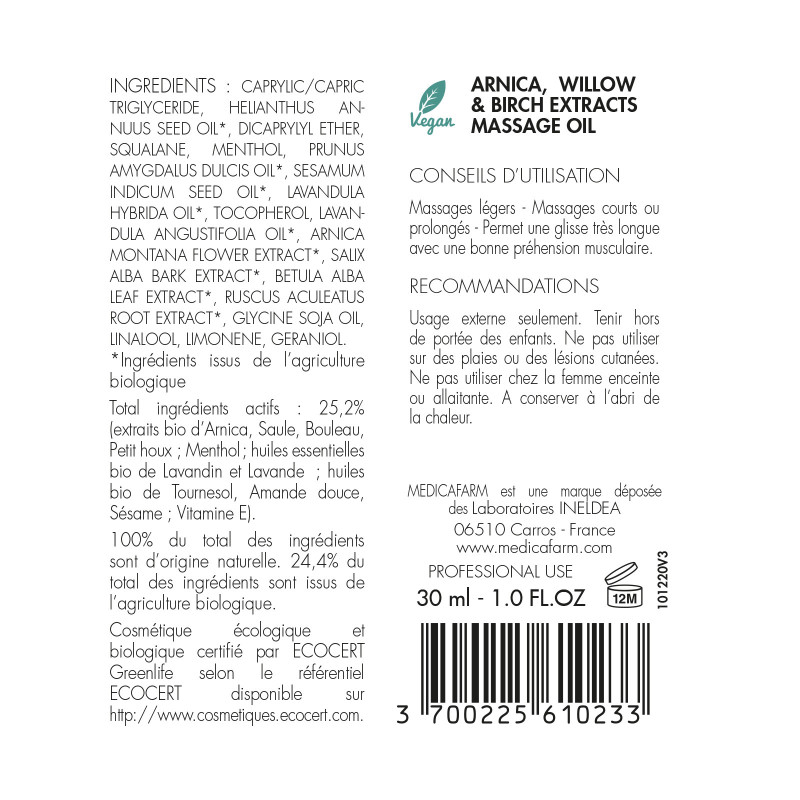 Aromaya Huile de Massage Bio à l'Arnica 200ml pas cher